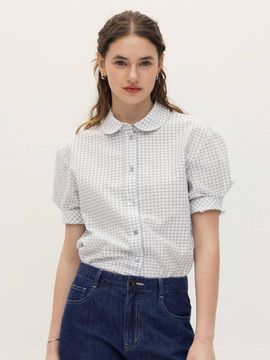 AND YOU ARS Round Collar Short-Sleeve Shirt [Navy check]