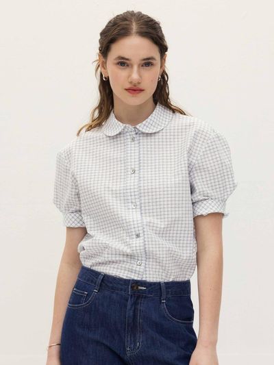 AND YOU ARS Round Collar Short-Sleeve Shirt [Navy check]