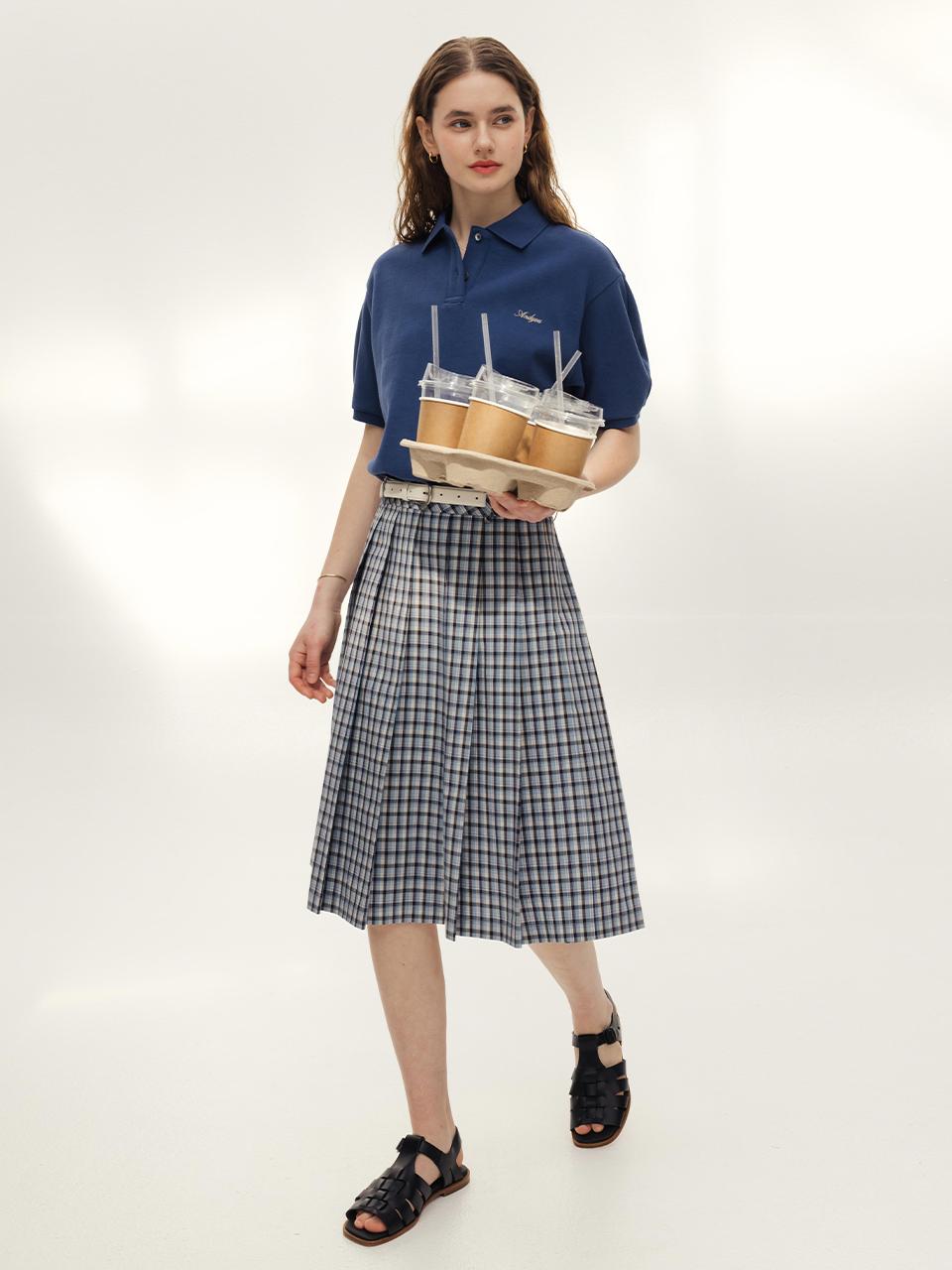 AND YOU Bonita Pleated Midi Skirt [Blue check]