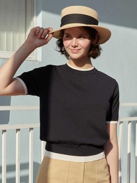 AND YOU Candler Layered Round Neck Short Sleeve Knit (Navy/Melange Gray)