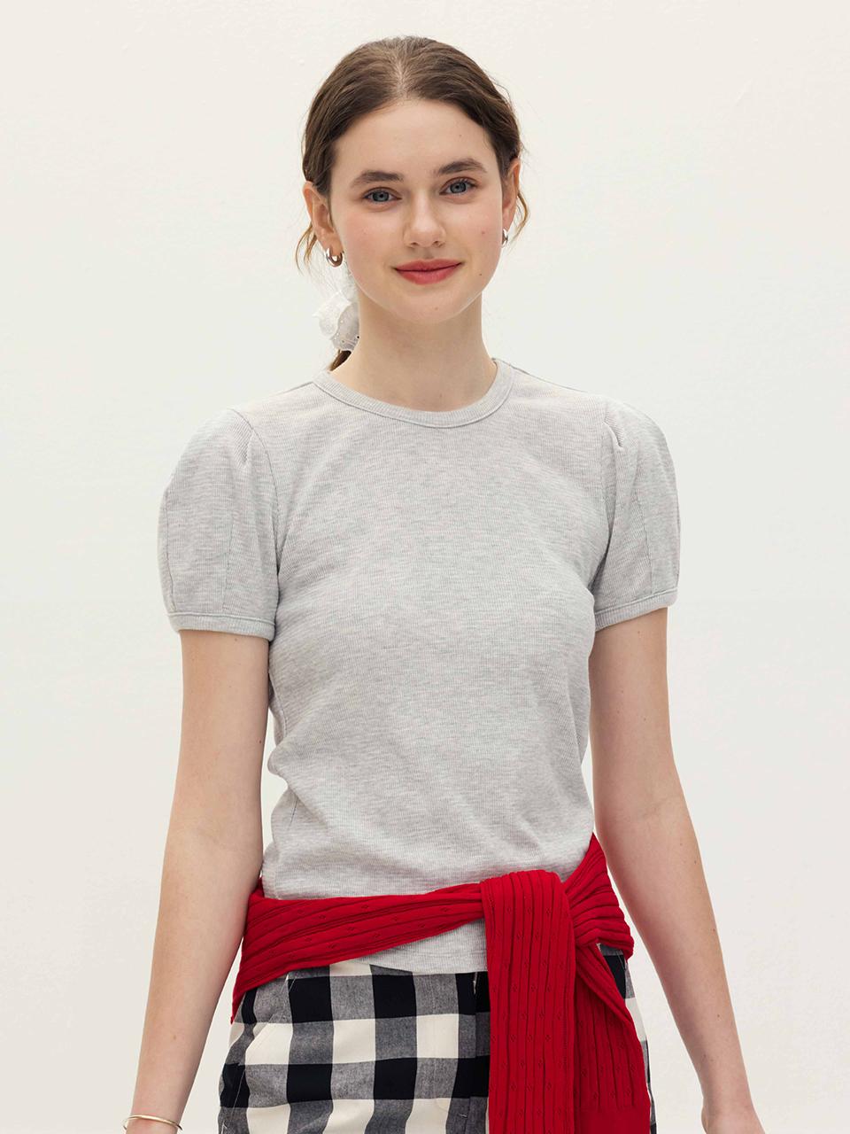 AND YOU Captiva Slim-fit Volume Sleeve T-shirt (Ivory/Melange gray)
