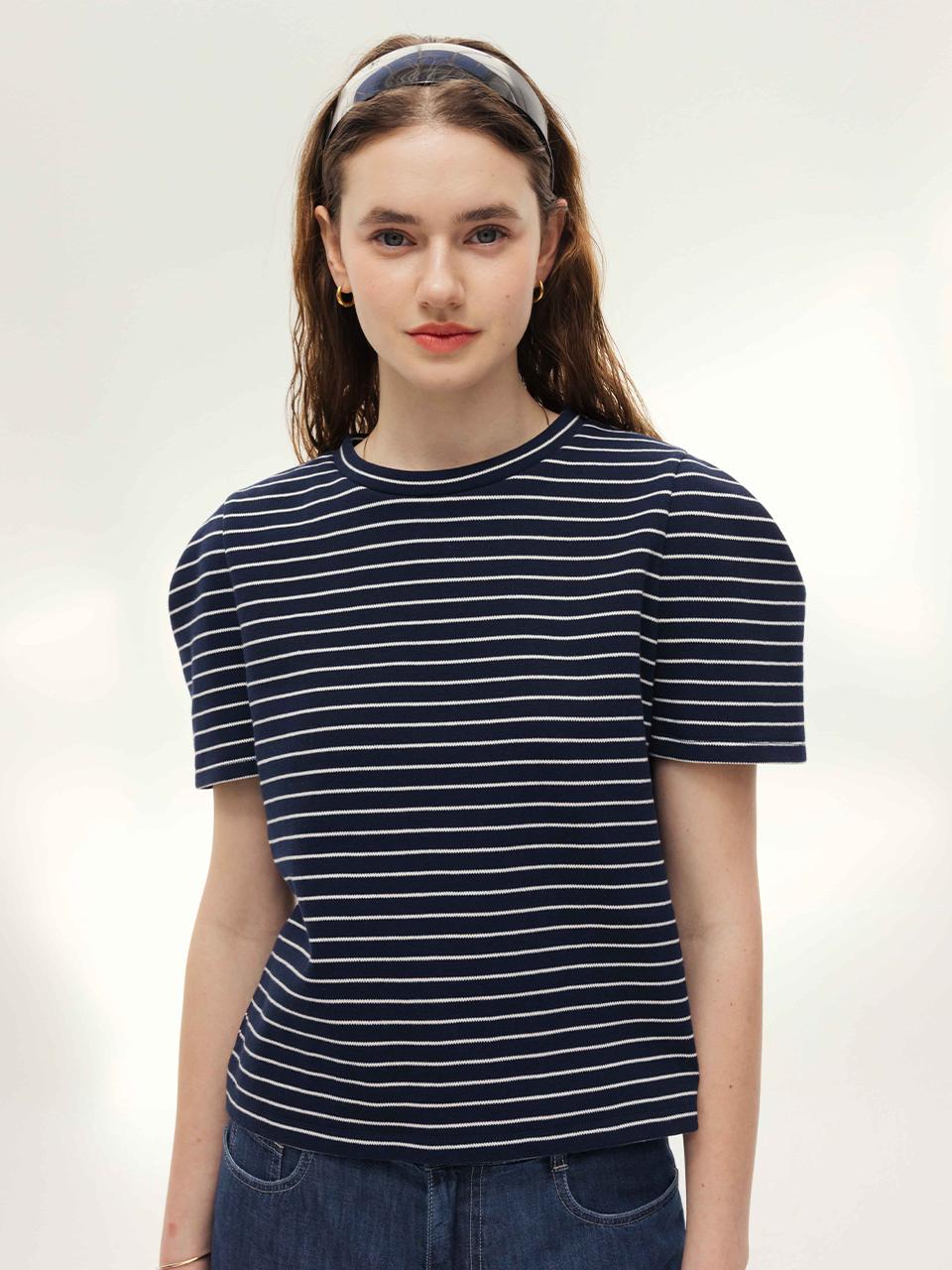 AND YOU KEYWADEN Turtleneck Sleeve T-shirt [Navy stripe/Cream stripe]