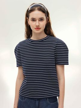 AND YOU KEYWADEN Turtleneck Sleeve T-shirt [Navy stripe/Cream stripe]