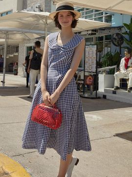 AND YOU LIDO Ribbon Collar Sleeveless Dress [Navy check]