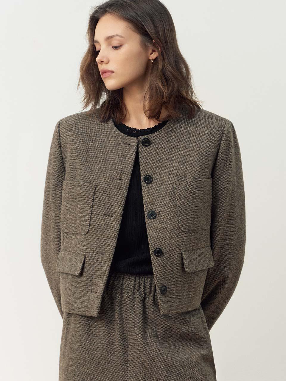 AND YOU Lolland Collarless Short Jacket (Pink / Brown)
