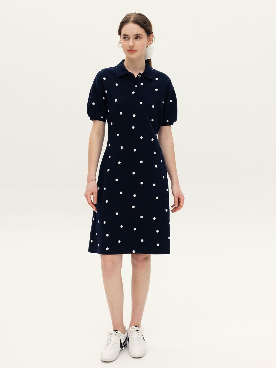AND YOU Madeira Volume Sleeve Dot Dress [Navy]