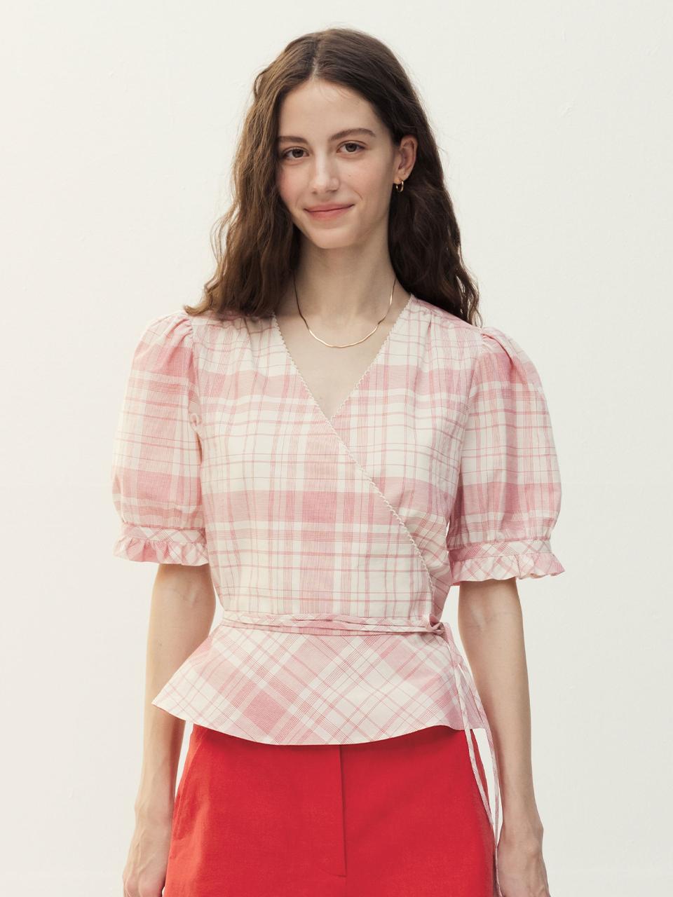AND YOU Marlins V-neck Wrap Blouse (Red check)