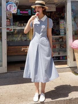 AND YOU Palm Color-block Collar Long Dress [Blue check/Navy check]