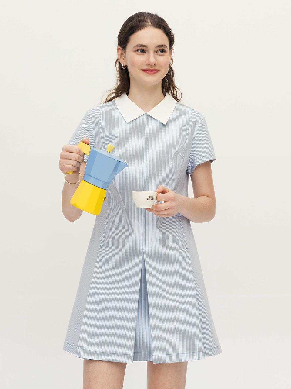 AND YOU Pompano Contrast Collar Pleated Mini Dress [Light Blue Stripe/Gray Stripe]