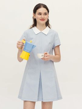 AND YOU Pompano Contrast Collar Pleated Mini Dress [Light Blue Stripe/Gray Stripe]