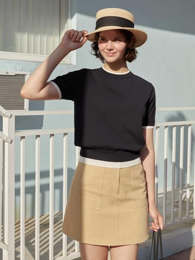 AND YOU Sigrove Pocket Detail Mini Skirt (Beige/Blue)