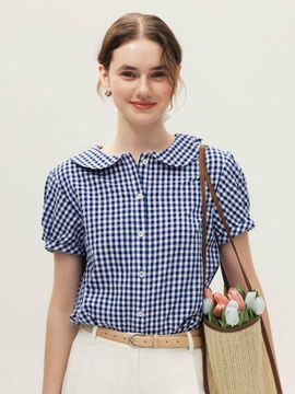 AND YOU Tampa Peter Pan Collar Tuck Sleeve Blouse [Blue check/Red check]