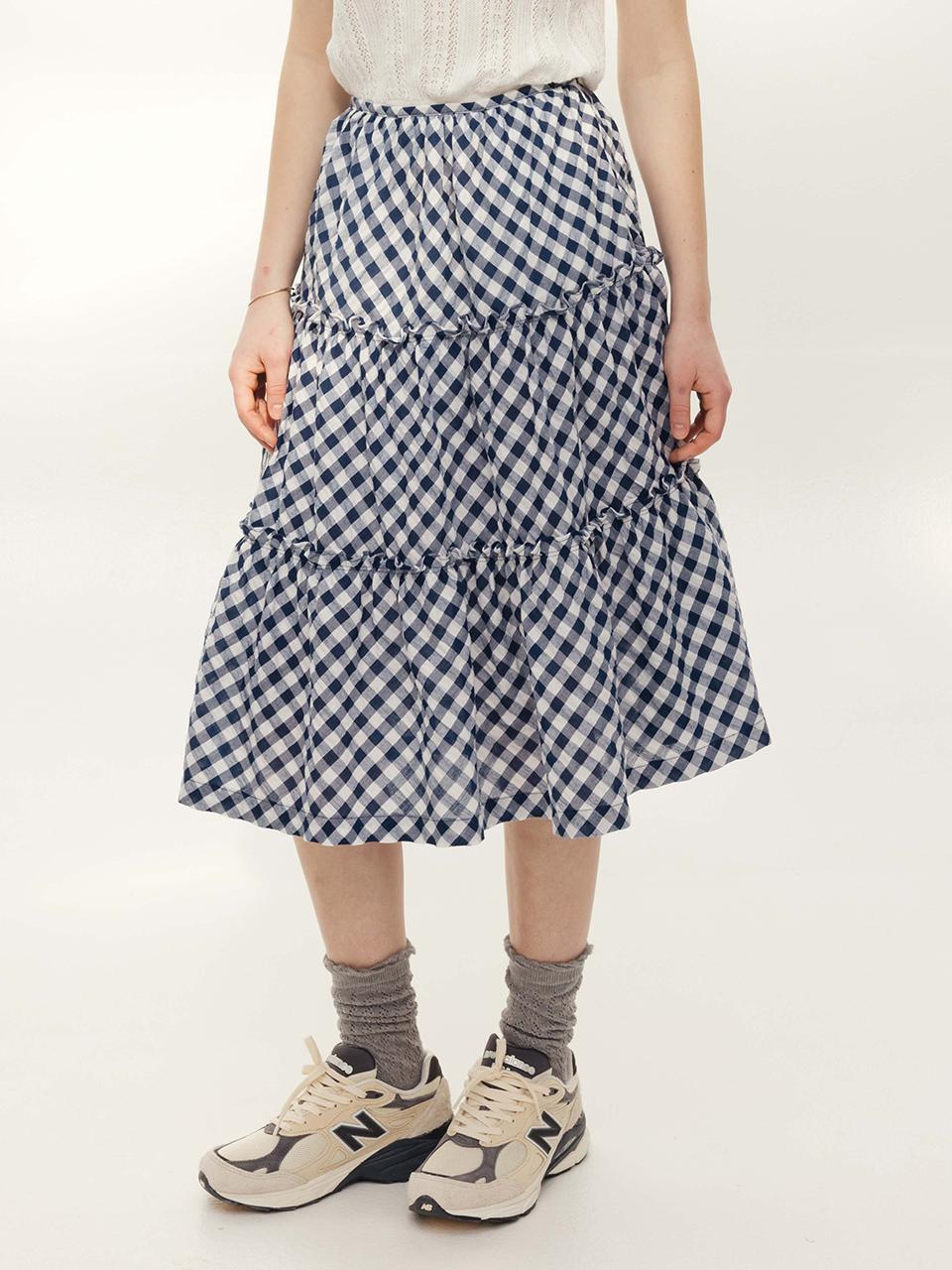 AND YOU Westfarm Check Pattern Tiered Skirt (Navy check)