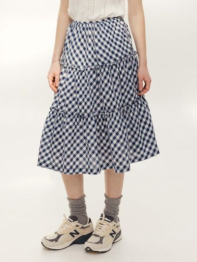 AND YOU Westfarm Check Pattern Tiered Skirt (Navy check)
