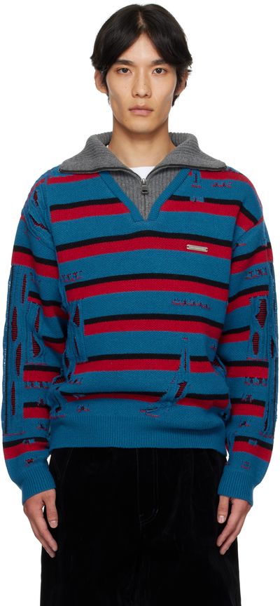 Andersson Bell Andersson Bell Blue & Red Stripe Jacquard Half Zip Sweater