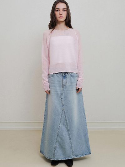 ANDNEEDS A-line Cotton Denim Maxi Skirt [Blue]