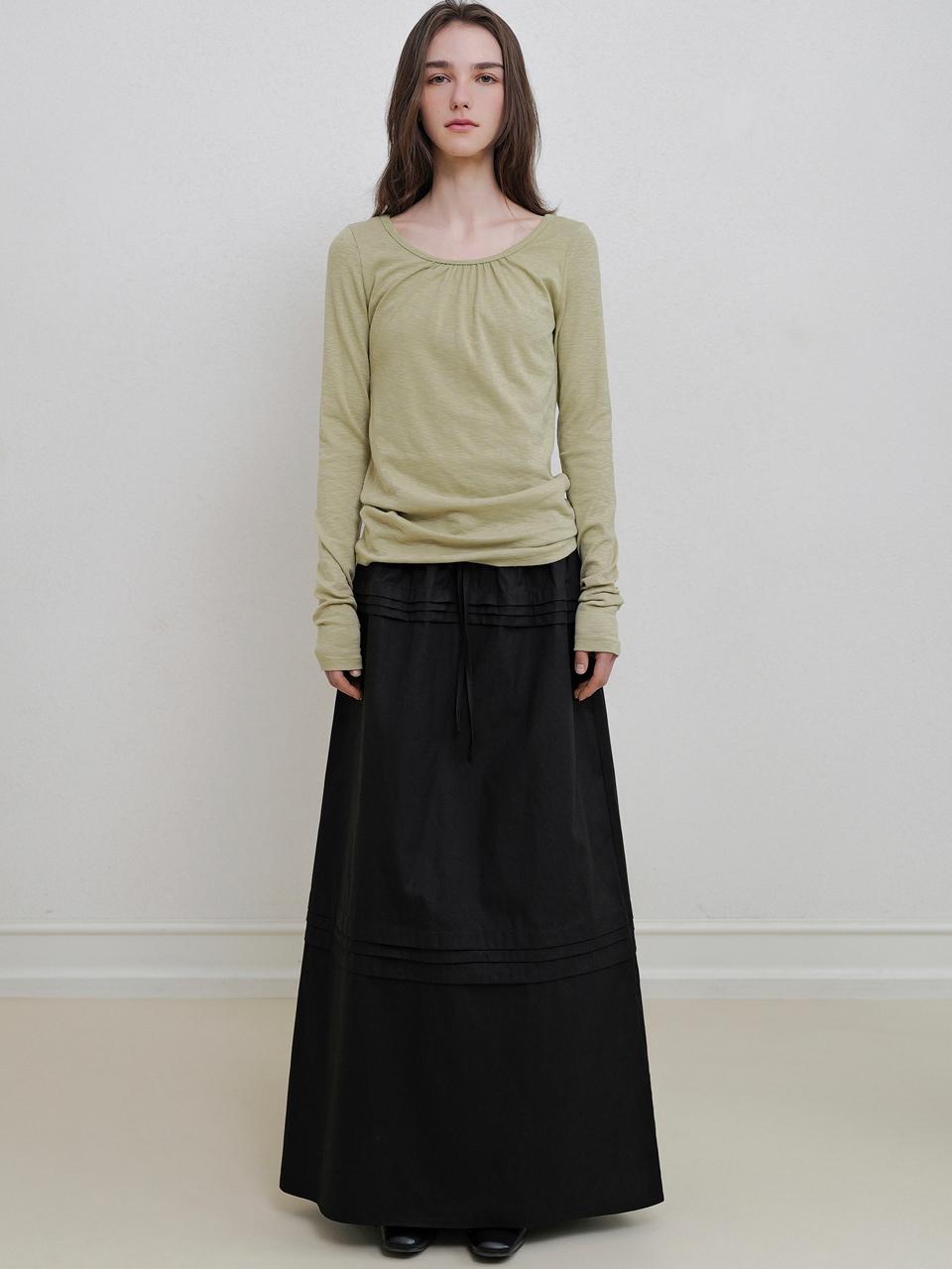 ANDNEEDS Cotton Striped Elastic Waist Maxi Skirt [Black]
