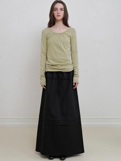 ANDNEEDS Cotton Striped Elastic Waist Maxi Skirt [Black]