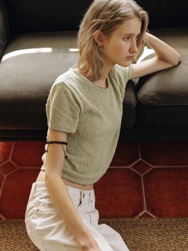 ANDNEEDS Feather Half Sleeve Knit Sweater [GREEN]