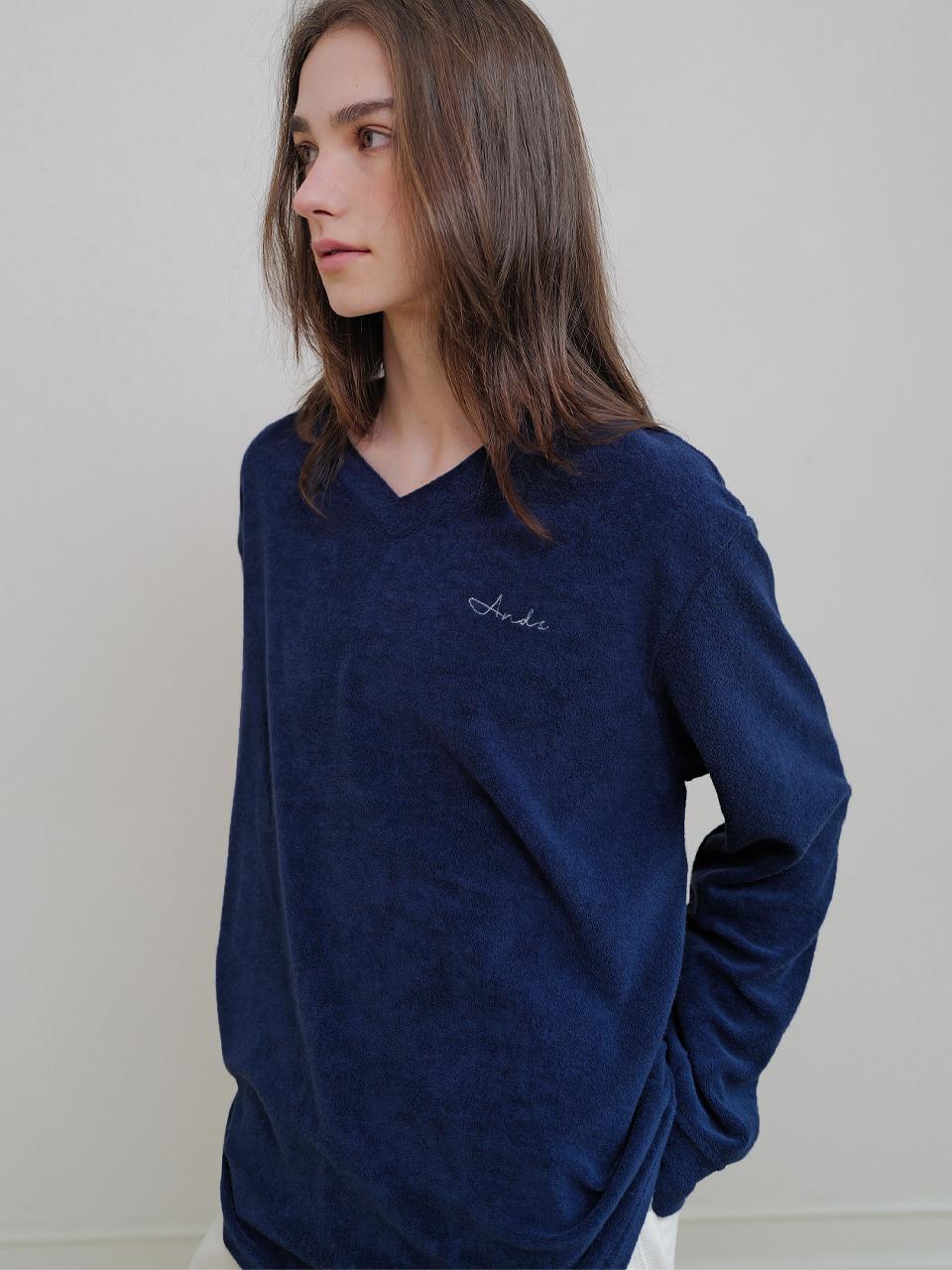 ANDNEEDS Terry V-neck Semi-oversized Long Sleeve T-shirt [Navy]