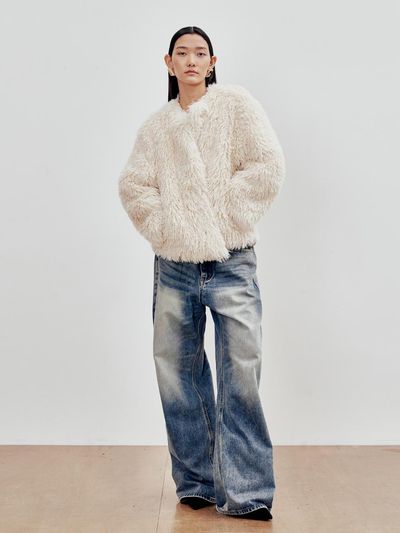 ANDROS Collarless Shearling Jacket (White)