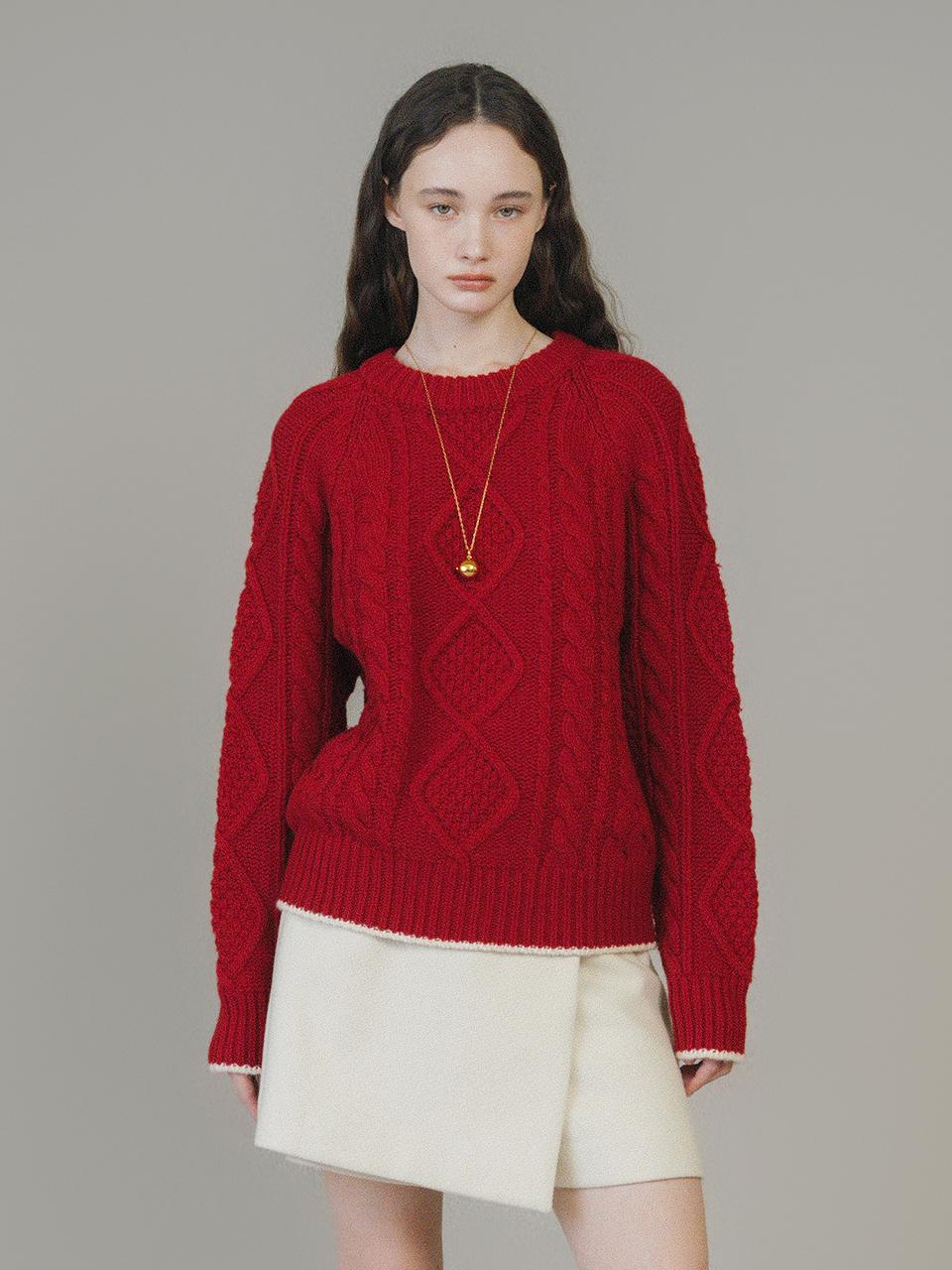 ANEDIT Fine Wool Cable Knit Relaxed Fit Sweater [Haute Red]