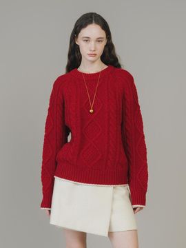 ANEDIT Fine Wool Cable Knit Relaxed Fit Sweater [Haute Red]