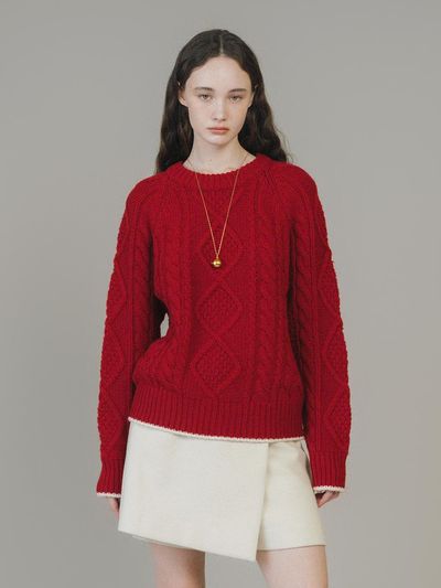 ANEDIT Fine Wool Cable Knit Relaxed Fit Sweater [Haute Red]