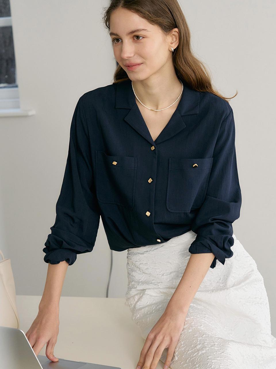 ANEDIT Gold Button Open Collar Shirt_Dark Navy