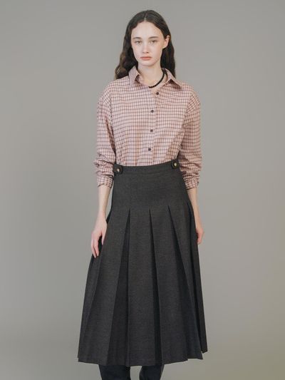 ANEDIT Gold Button Twill Pleated Wool Blend Skirt