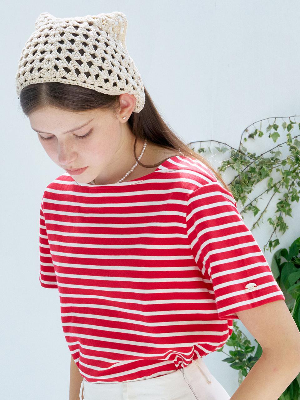 ANEDIT S Boat Neck Stripe Half T-shirt