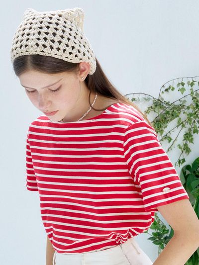 ANEDIT S Boat Neck Stripe Half T-shirt