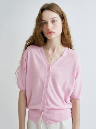 ANEDIT S kylie Linen V Neck Knit Cardigan_Pink