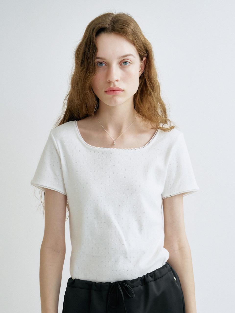 ANEDIT S Lace Square Neck T-shirt_White