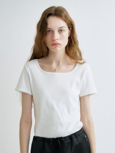 ANEDIT S Lace Square Neck T-shirt_White