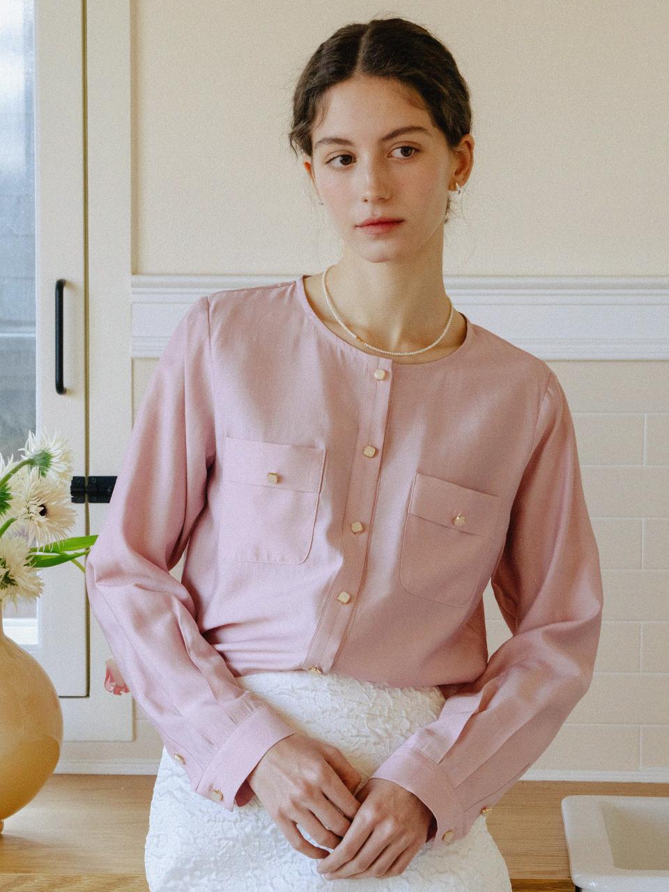 ANEDIT Silky Button Point Blouse_Rose