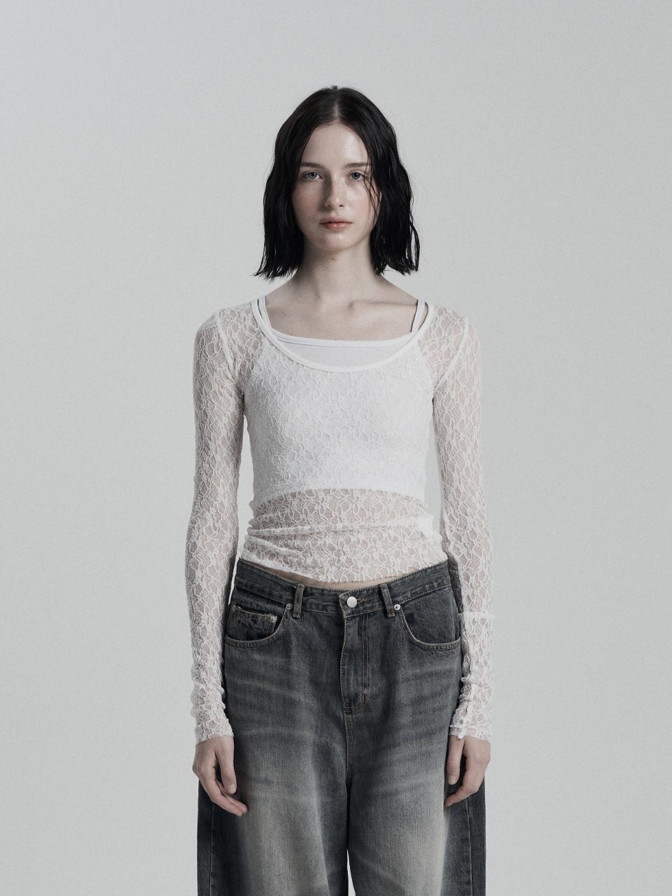 ANIV Flower Net Lace Long Sleeve Blouse [Beige]