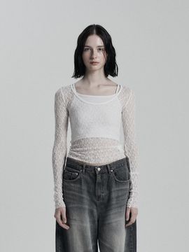 ANIV Flower Net Lace Long Sleeve Blouse [Beige]