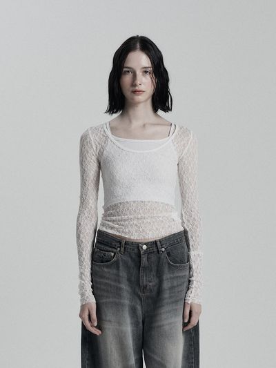 ANIV Flower Net Lace Long Sleeve Blouse [Beige]