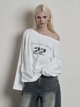 ANIV Off Shoulder Long Sleeve Cotton T-Shirt [Beige]