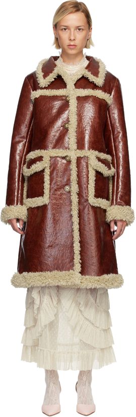 Anna Sui Anna Sui Brown Curly Lamb Trim Faux-Leather Coat