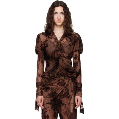 Anna Sui Anna Sui Brown Dahlia Tulle Knit Long Sleeve Blouse