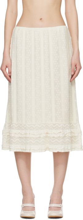 Anna Sui Anna Sui Off-White Floral Ruffle Stretch Lace Midi Skirt