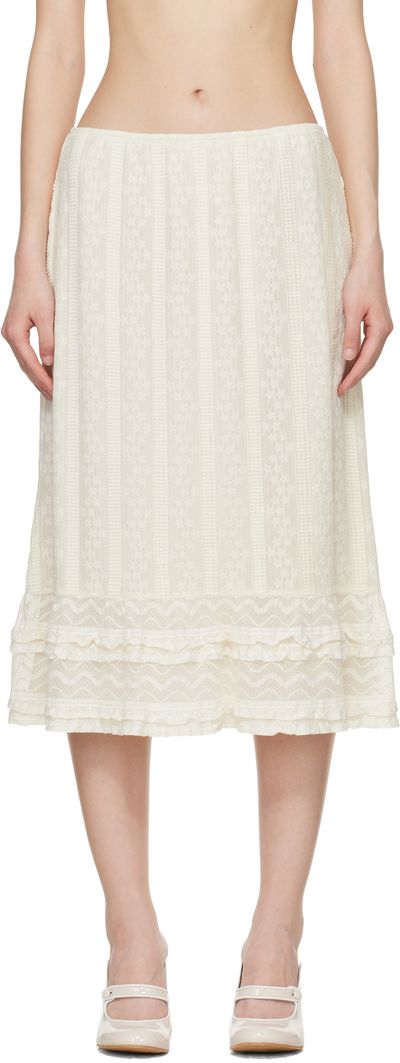 Anna Sui Anna Sui Off-White Floral Ruffle Stretch Lace Midi Skirt