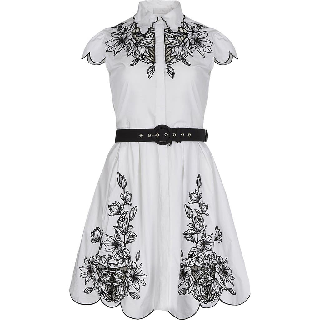 Anne Fontaine Anne Fontaine Women's Dress Adelina White Poplin Shirt Dress With Black Embroidery Detailing, Scalloped Hem, Pockets & Removable Belt