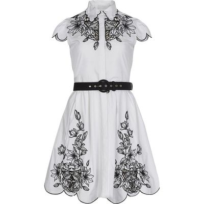 Anne Fontaine Anne Fontaine Women's Dress Adelina White Poplin Shirt Dress With Black Embroidery Detailing, Scalloped Hem, Pockets & Removable Belt