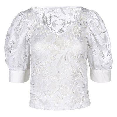 Anne Fontaine Anne Fontaine Women's Katia White V-Neck Top With Sheer Mesh Sleeves 