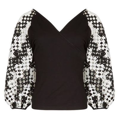 Anne Fontaine Anne Fontaine Women's Mirella Black V-Neck Top With Sheer Mesh Sleeves 