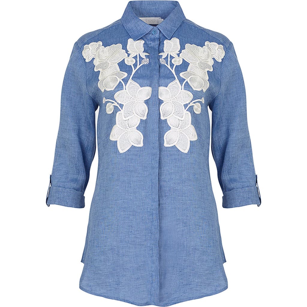 Anne Fontaine Anne Fontaine Women's Shirt Citron Blue Linen Shirt With White Floral Applique