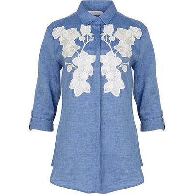 Anne Fontaine Anne Fontaine Women's Shirt Citron Blue Linen Shirt With White Floral Applique